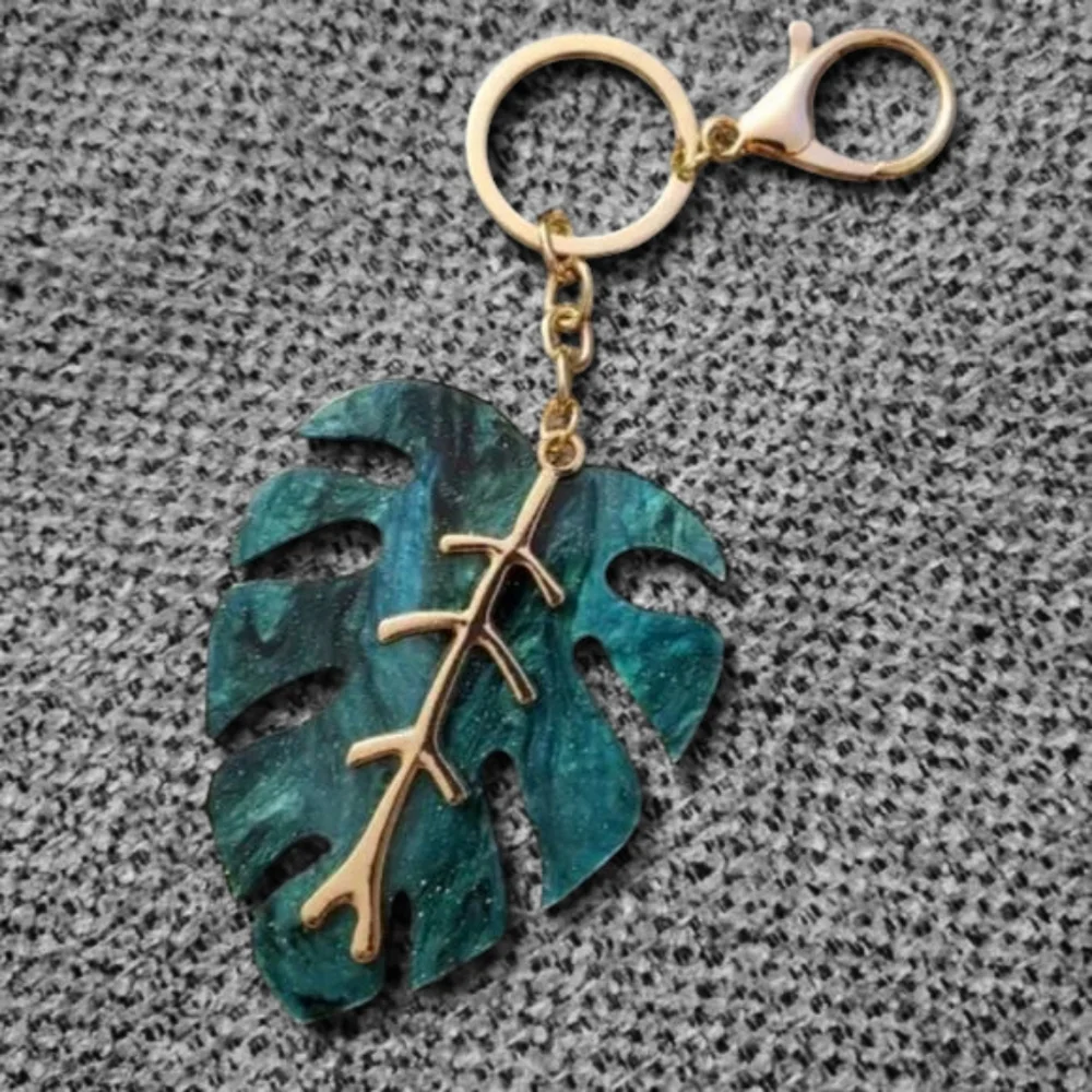 Monstera Keychain with Gold Accents